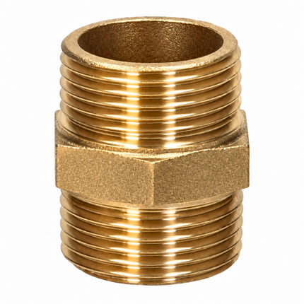 A brass male pipe connector with a hex nut body and threaded ends, shown on a plain white background.