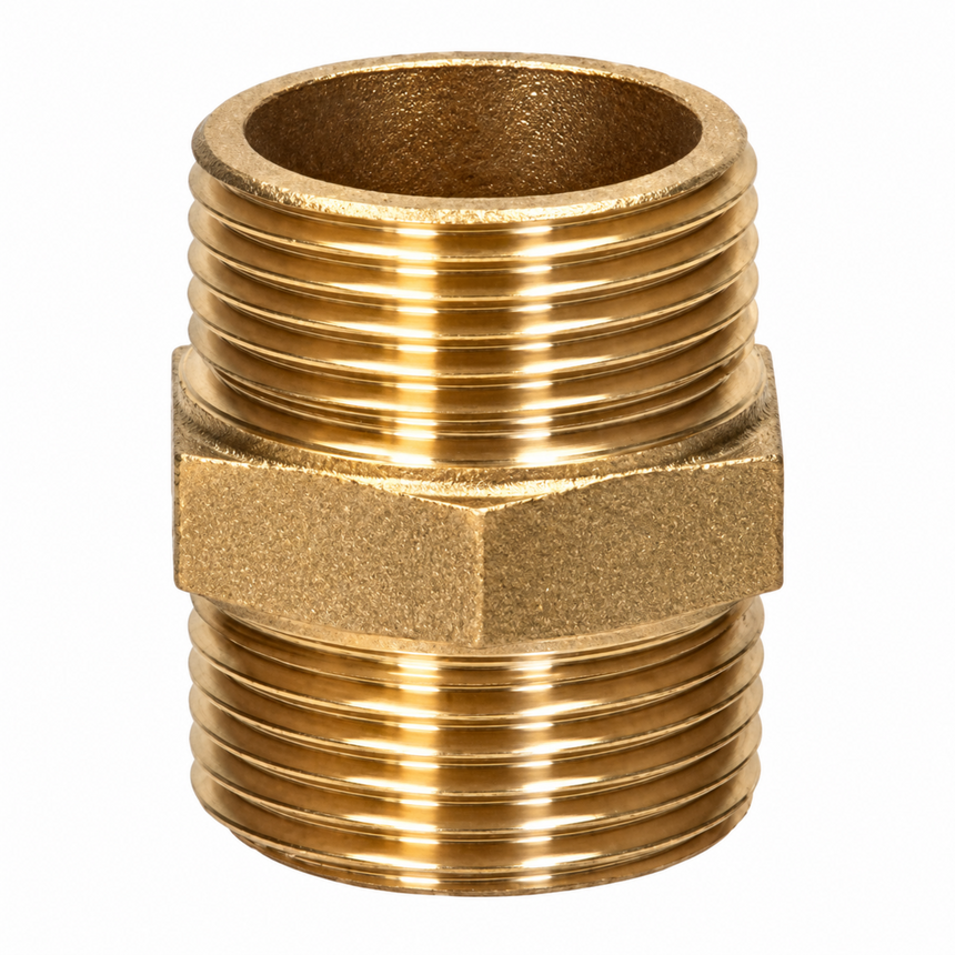 A brass male pipe connector with a hex nut body and threaded ends, shown on a plain white background.