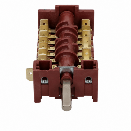 An electrical contactor or relay component with a reddish-brown plastic housing, gold brass terminal blocks, and a central silver metal coil, shown on a plain white background.