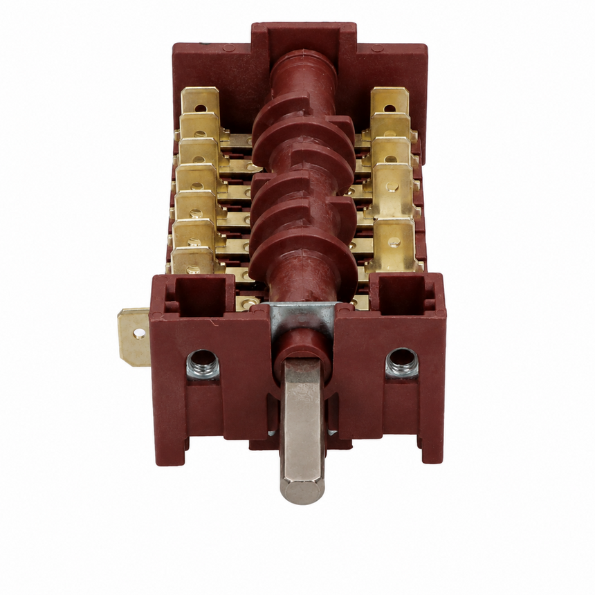 An electrical contactor or relay component with a reddish-brown plastic housing, gold brass terminal blocks, and a central silver metal coil, shown on a plain white background.