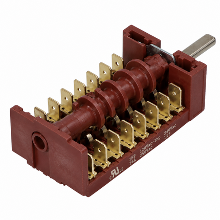 A 120vac 3-phase 3-pole electrical switch module with a dark red plastic housing, gold-colored metal terminal blocks, and a silver metal lever handle, shown on a white background.