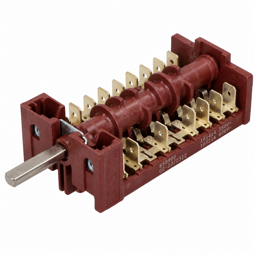A red plastic rotary switch with a silver metal shaft and gold-colored brass terminal blocks, shown on a plain white background.