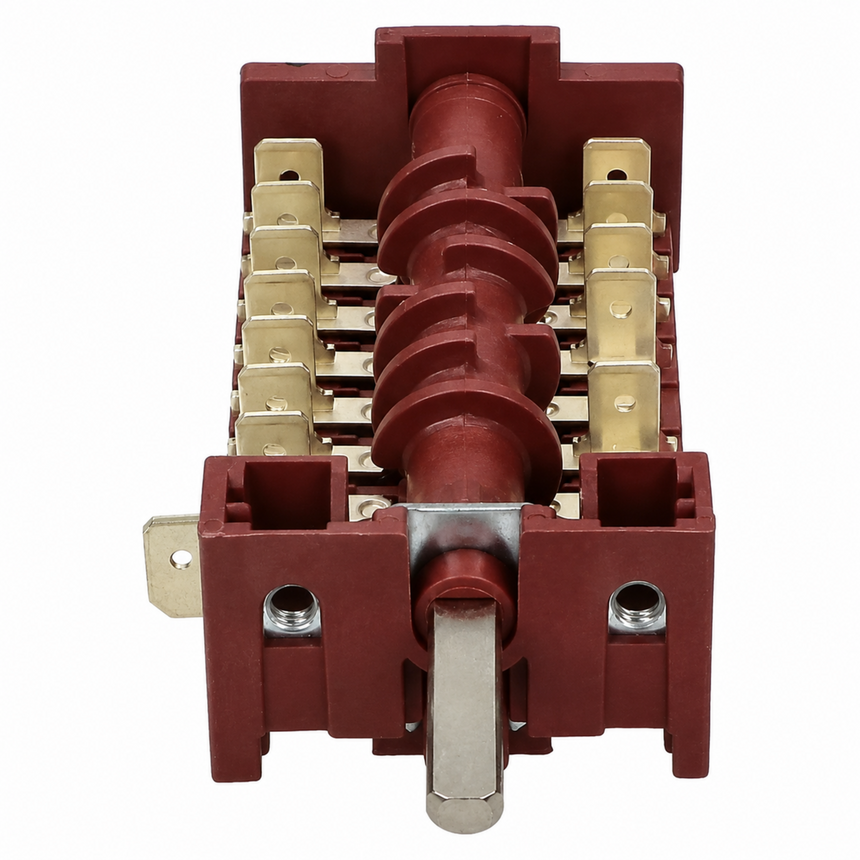 A red and silver electrical contactor or relay component with gold-colored terminal blocks, shown on a plain white background.