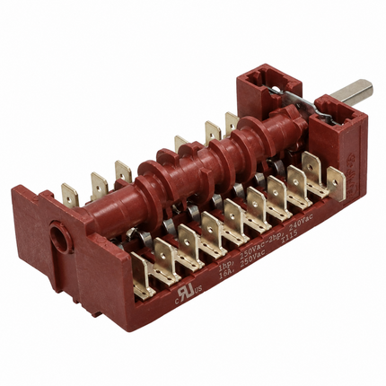 A red plastic electrical terminal block with internal metal contacts and a silver metal lever, shown on a plain white background.
