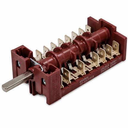 A red plastic rotary switch with a silver metal pull lever and gold-toned terminal contacts, shown on a white background.