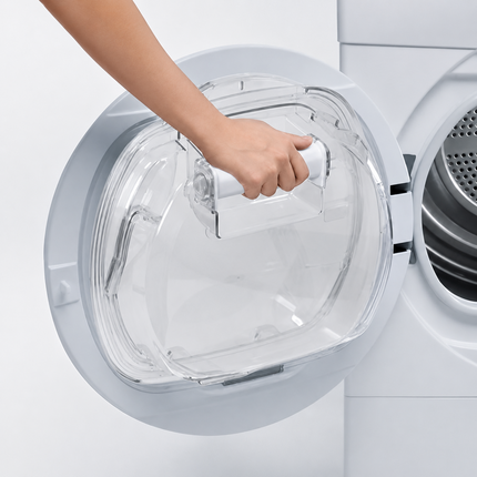 Hand opening a washing machine door with a white background