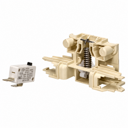 An electrical switch assembly with a beige plastic housing, internal spring, and a small white relay component with metal terminals, shown on a plain white background.