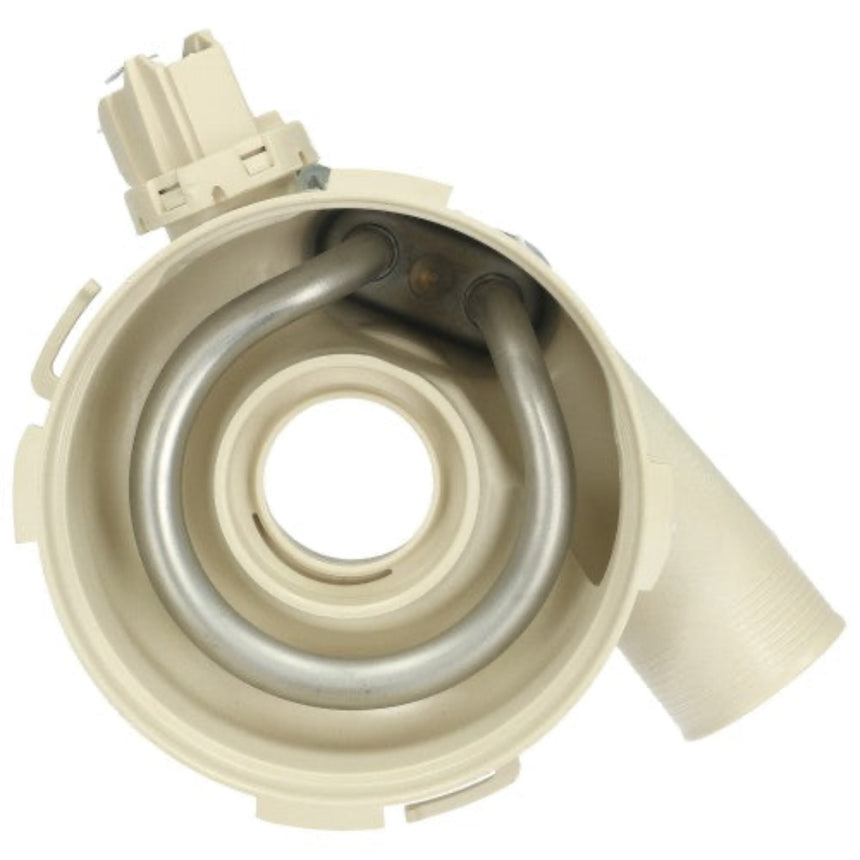 A beige plastic water heater element assembly with a coiled metal heating tube inside a circular housing, shown on a plain white background.