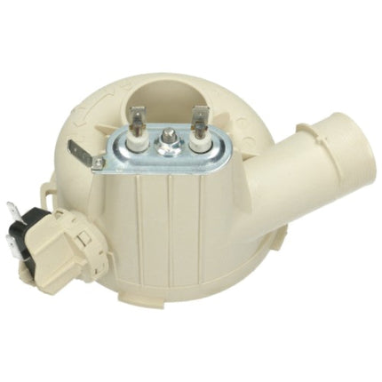 An off-white plastic pump assembly with a beige electrical connector, a silver metal terminal plate, and a beige outlet tube, shown on a white background.