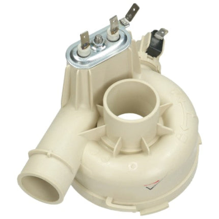 An off-white plastic pump assembly with a metal terminal cover and a black switch, photographed on a solid white background.