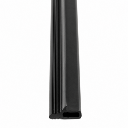 A black plastic channel or trim piece with a ribbed side and a hollow rectangular cross-section, shown vertically on a plain white background.