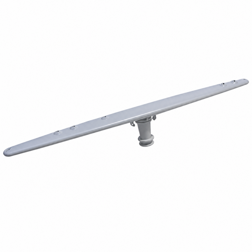 A long, narrow light gray metal bar with a central mounting post, shown diagonally on a plain white background.