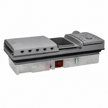 A gray and clear plastic under-descale detergent dispenser tray, shown from a high angle on a white background.