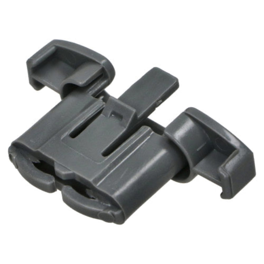 A dark gray plastic quick-release buckle or clip component, isolated on a white background.