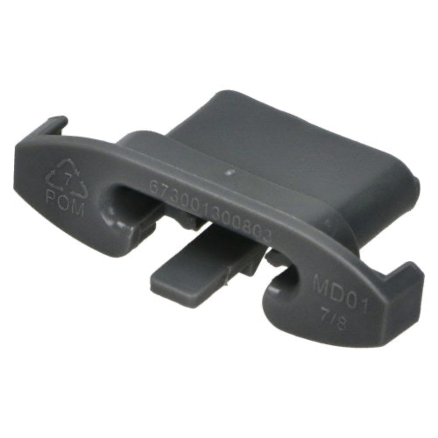 A dark gray molded plastic component with embossed markings including 'POM', a recycling symbol, and 'MD01 7/8' on a plain white background.
