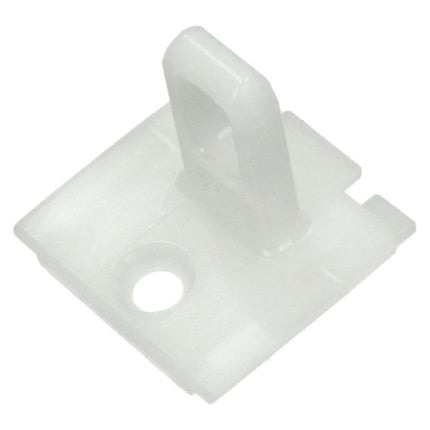 A translucent white plastic replacement part with a square base, a circular hole, and a vertical tab, shown on a plain white background.