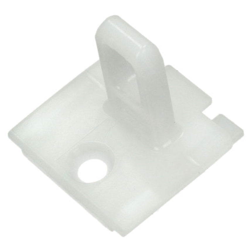 A translucent white plastic replacement part with a square base, a circular hole, and a vertical tab, shown on a plain white background.