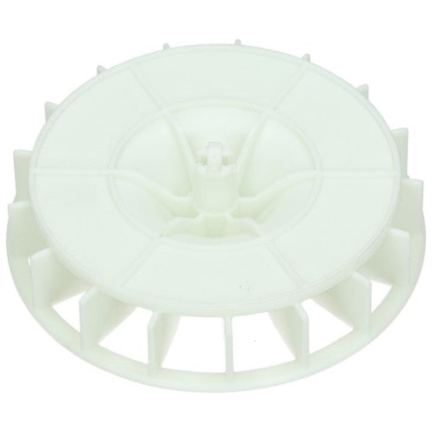 A white plastic circular component with radial ribs and a central hub, photographed on a plain white background.