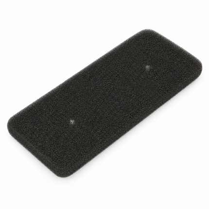 A rectangular black foam filter pad with rounded corners, shown diagonally on a plain white background.