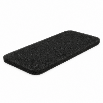 A rectangular black foam phone stand with rounded corners, shown from an elevated perspective on a plain white background.