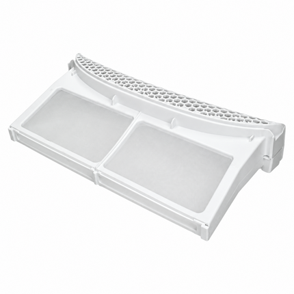 White plastic refrigerator door water filter replacement part with two translucent filter sections and a perforated top cover.