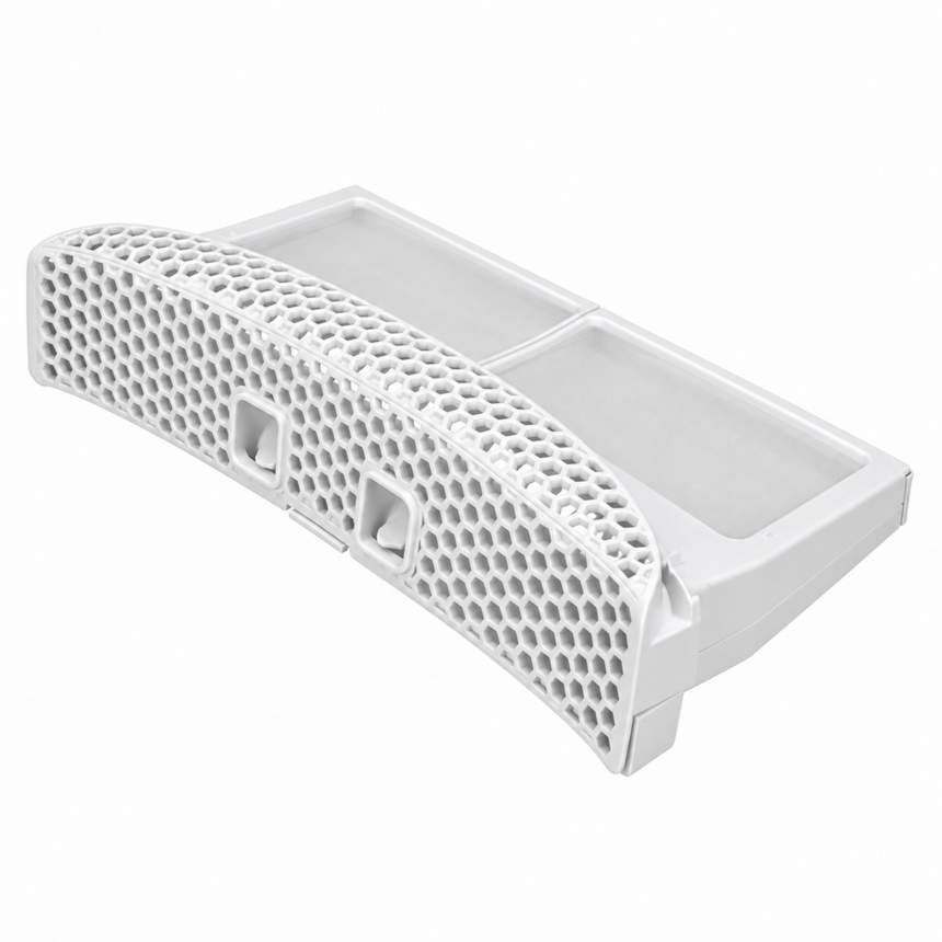 A white plastic honeycomb-patterned filter or cover with two rectangular slots, shown on a plain white background.