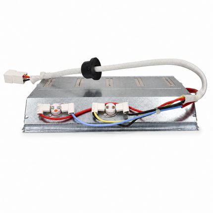 A replacement appliance heating element assembly with a galvanized steel plate, white terminal connectors, and multi-colored wires (red, blue, yellow, black) on a white background.