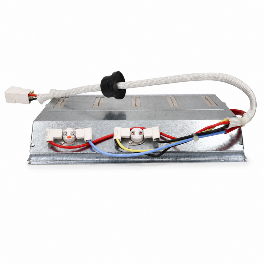 A replacement appliance heating element assembly with a galvanized steel plate, white terminal connectors, and multi-colored wires (red, blue, yellow, black) on a white background.