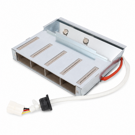 A rectangular metal water heater or thermal storage tank with five internal channels, a white hose, a black connector, and a white multi-pin plug, photographed on a white background.