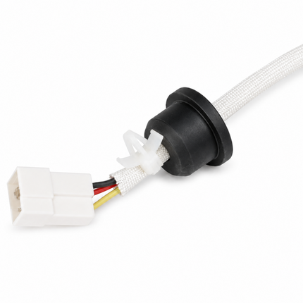 A braided white cable with a black plastic connector sleeve, a white plastic zip tie, and a white multi-pin electrical plug, shown on a white background.
