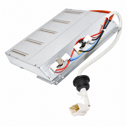 A metal appliance replacement part with multiple colored wires, connectors, and a black-and-white cord assembly, photographed on a plain white background.