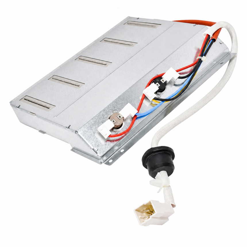 A metal appliance replacement part with multiple colored wires, connectors, and a black-and-white cord assembly, photographed on a plain white background.