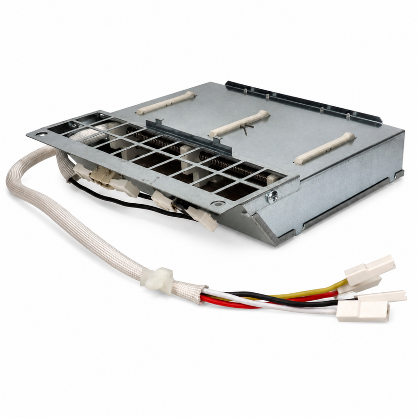 A metal electronic control module with a grid grille on the front, several beige plastic tabs, and a braided cable leading to white multi-pin connectors with red, yellow, black, and white wires, shown on a white background.