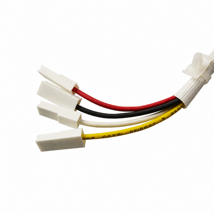 A multi-pin connector cable with four white plastic male connectors, featuring red, black, beige, and yellow wires bundled with a white tape wrap, on a white background.