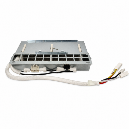 A metal electronic control module with a white braided hose and multi-colored wire connectors, photographed on a solid white background.
