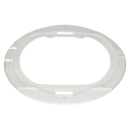 A white plastic oval frame or ring with mounting holes and cutouts, shown on a plain white background.