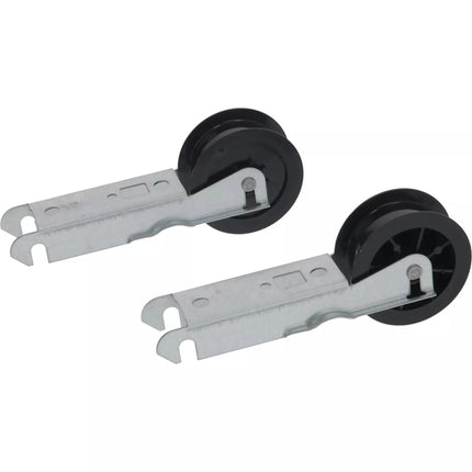 Two metal pulley systems with black wheels on a white background
