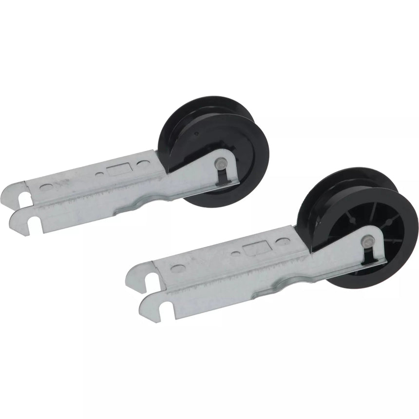 Two metal pulley systems with black wheels on a white background
