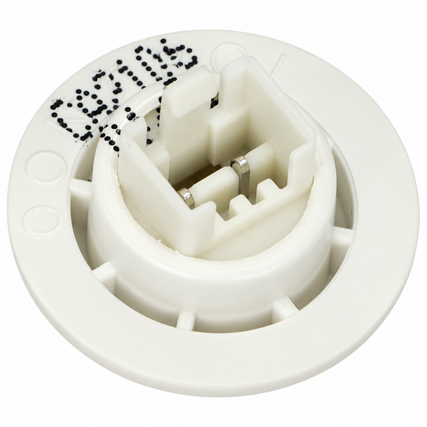An off-white plastic circular electrical component or connector with a central multi-pin socket and small black printed markings on the outer ring, shown on a plain white background.
