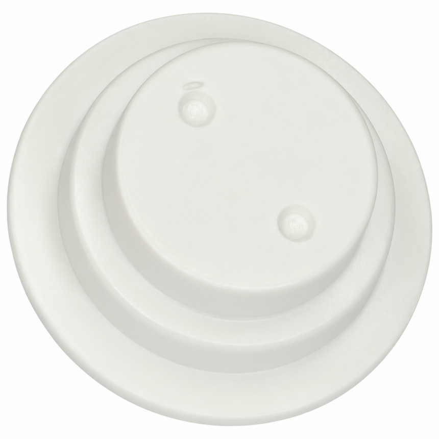A white plastic concentric round cover or cap with two small raised tabs on the top surface, shown against a plain white background.