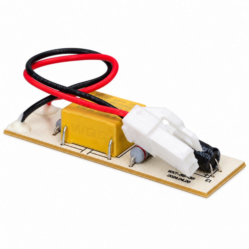 An electronic circuit board module featuring a yellow inductor, a white plastic connector, a black electrolytic capacitor, and red and black wires on a beige PCB, isolated on a white background.