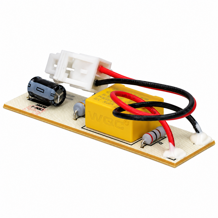 A small electronic circuit board kit with a yellow inductor, white connector, black and red wires, and a black capacitor on a beige PCB, isolated on a white background.