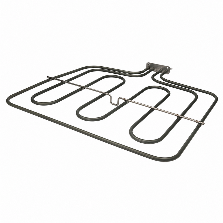 A dark gray metal oven rack with a wavy, multi-segmented design and a mounting bracket at one end, shown on a plain white background.
