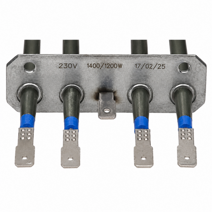 A metal electrical terminal block with four black cables, blue tape wraps, and silver metal terminal connectors, shown on a white background.