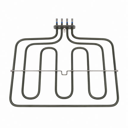 A dark gray replacement water heater coil with a metal support bar and four connection terminals at the top, shown on a solid white background.