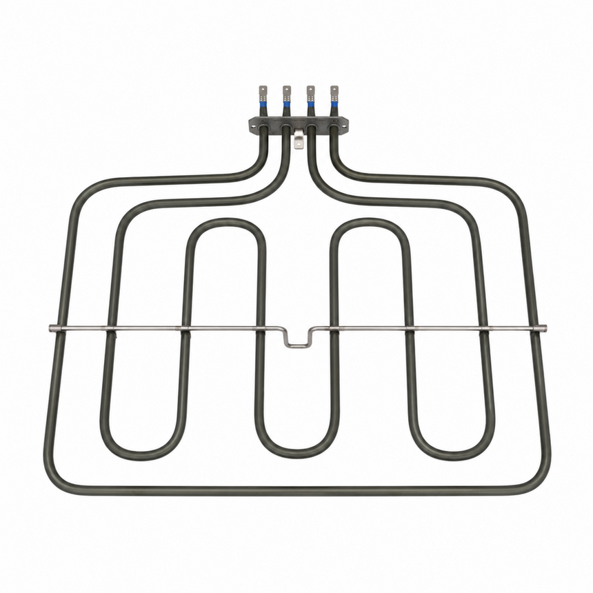 A dark gray replacement water heater coil with a metal support bar and four connection terminals at the top, shown on a solid white background.