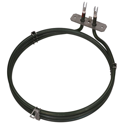 A coiled black electric heating element coil with a metal terminal plate and two exposed wire leads, shown on a plain white background.