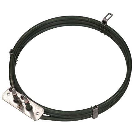 Angled view of round oven fan heating element showing circular coil, mounting plate and connector terminals