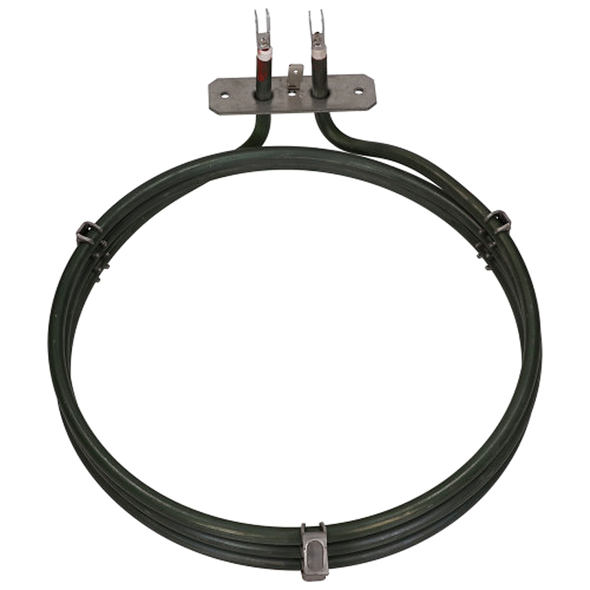 Front view of circular oven heating element with twin heating coil, metal supports and electrical terminals