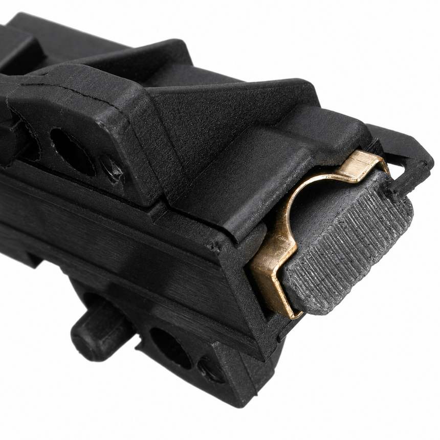 Close-up of a black mechanical component with gold accents on a white background